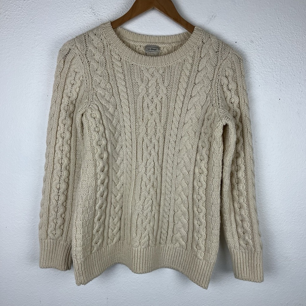 Vintage LL Bean Ireland Cable Knit Sweater Womens S Cream Fisherman Wool Chunky